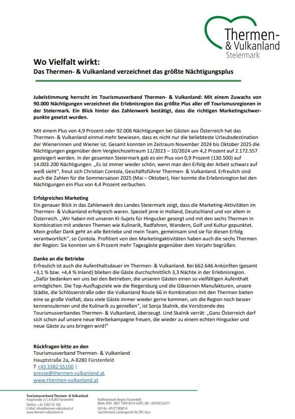 Thermen- & Vulkanland verzeichnet das größte Nächtigungsplus. Mit einem Zuwachs von 90.000 Nächtigungen verzeichnet die Region das größte Plus aller elf Tourismusregionen in der Steiermark. Ein Blick hinter das Zahlenwerk bestätigt, dass die richtigen Marketingschwerpunkte gesetzt wurden.
