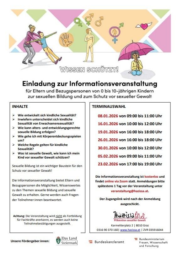 Eine Einladung zur Informationsveranstaltung für Eltern und Bezugspersonen von 0 bis 10-jährigen Kindern zur sexuellen Bildung und zum Schutz vor sexueller Gewalt. Enthält Fragen zur Entwicklung der kindlichen Sexualität, Unterschiede zur Erwachsenensexualität und altersgerechte sexuelle Aufklärung. Es werden auch Regeln für Spiele mit Körperentdeckung behandelt und der Schutz von Kindern vor sexueller Gewalt. Die Veranstaltung ist kostenlos und findet online via Zoom statt. Anmeldung bitte spätestens einen Tag vor der Veranstaltung unter veranstaltung@hazissa.at.