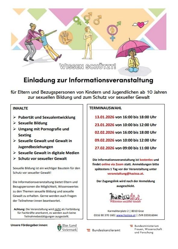 Einladung zur kostenlosen Informationsveranstaltung über sexuelle Bildung und Schutz vor sexueller Gewalt für Eltern und Bezugspersonen von Kindern und Jugendlichen über 10 Jahren. Themen umfassen Pubertät, sexuelle Entwicklung, sexuelle Bildung, Pornografie, Sexting, sexuelle Gewalt und digitale Medien. Anmeldung erforderlich.