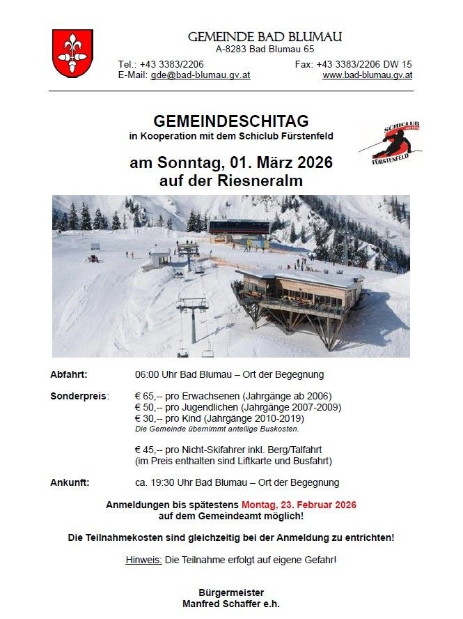 Poster for a community ski event on March 1, 2026, at Riesneralm. Details include departure time, ticket prices, and registration deadline. The event is in cooperation with the ski club Furstenfeld.