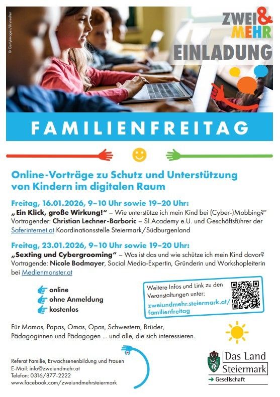 Poster for Family Day, featuring children using laptops. Sessions include Cyberbullying and Sexting and Cybergrooming. Dates and times are listed. Contact information is provided at the bottom.