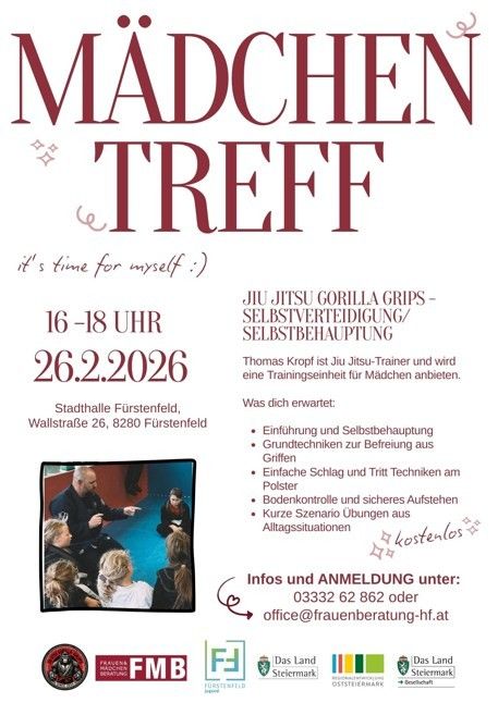 Poster for a self-defense training for girls, titled Madchen Treff. It includes details about the event, such as the date and time, location, and the trainer's name. It also lists what participants can expect during the training.