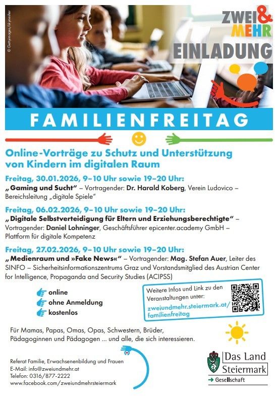 Plakat für einen Familientag mit Online-Vorträgen zum Schutz und zur Unterstützung von Kindern im digitalen Raum. Termine und Referenten sind aufgeführt. QR-Code für die Anmeldung.