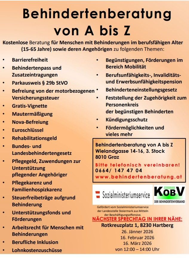 Werbeposter für kostenlose Beratung für Menschen mit Behinderungen im erwerbsfähigen Alter (15-65 Jahre) und deren Angehörige zu verschiedenen Themen wie Barrierefreiheit, Förderungen, Mobilität, Beschäftigung, Invaliditäts- und Erwerbsunfähigkeitspension. Es betont die Verfügbarkeit von Expertenrat und die Bedeutung von Unterstützungsfonds und Leistungen.