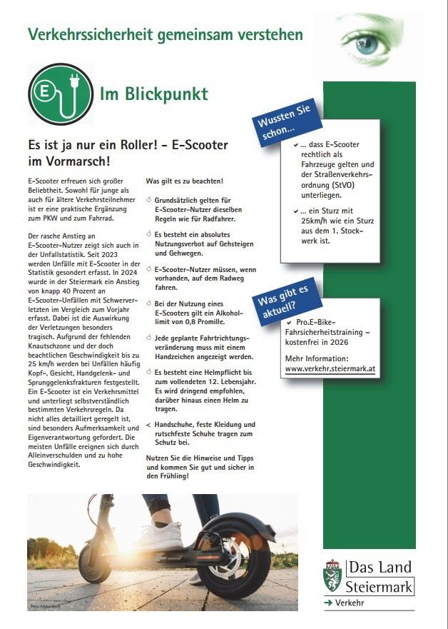 Das Bild bespricht die wachsende Popularität von E-Scootern und hebt Sicherheitstipps und Vorschriften hervor. Es rät Benutzern, Helme zu tragen, Handzeichen zu verwenden und Verkehrsregeln zu befolgen. Es erwähnt die Einführung eines obligatorischen Helmgesetzes für E-Scooter-Nutzer im Jahr 2024.