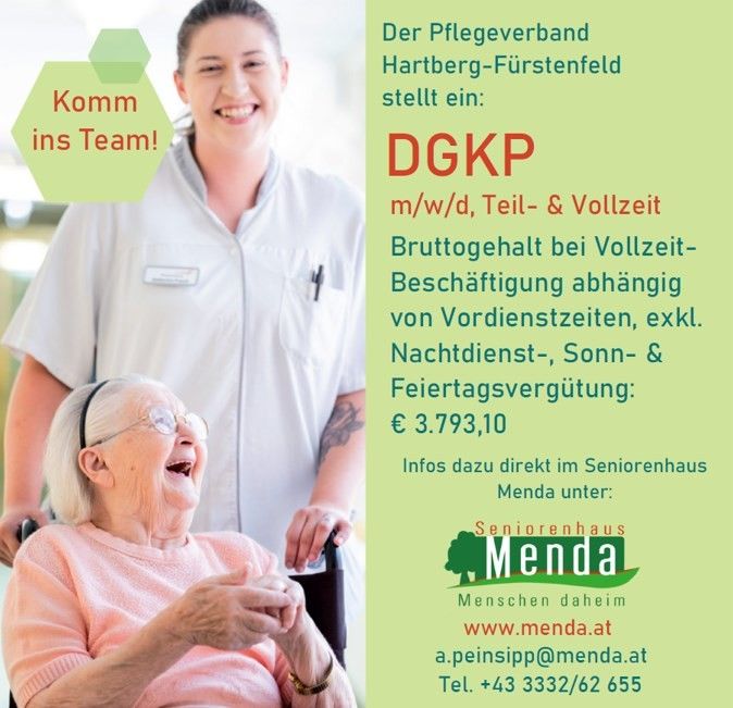 Eine Stellenanzeige für eine Pflegekraft im Seniorenhaus Menda, mit einer Krankenschwester und einer älteren Frau, inklusive Informationen zu Gehalt und Vorteilen.