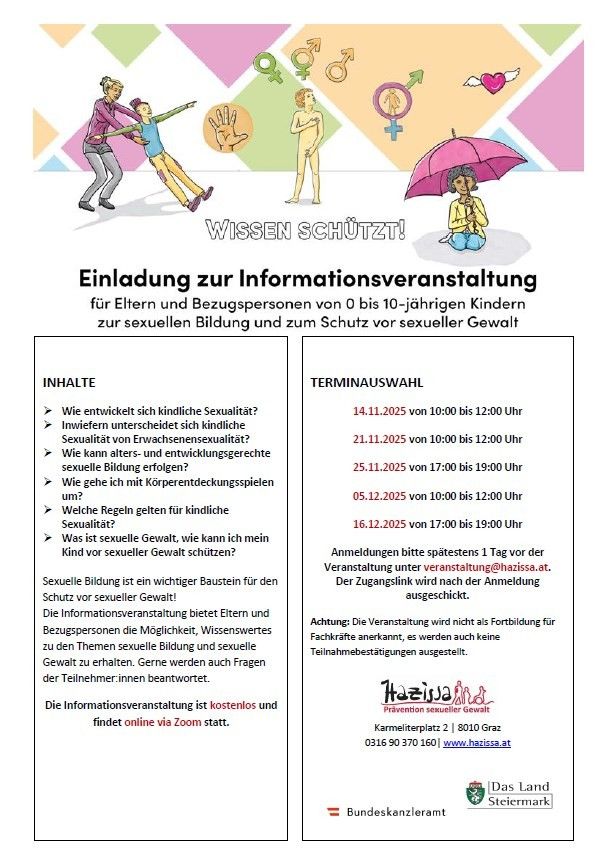 Einladung zur kostenlosen Informationsveranstaltung für Eltern und Bezugspersonen von 0 bis 10-jährigen Kindern. Themen sind kindliche Sexualität, sexuelle Bildung und Schutz vor sexueller Gewalt. Anmeldung und Zoom-Link für Online-Teilnahme angegeben.
