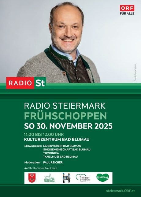 Plakat für das Fruhschoppen-Event von Radio Steiermark am 30. November 2025, mit einem Mann und Informationen zur Veranstaltungszeit, -ort und teilnehmenden Organisationen.