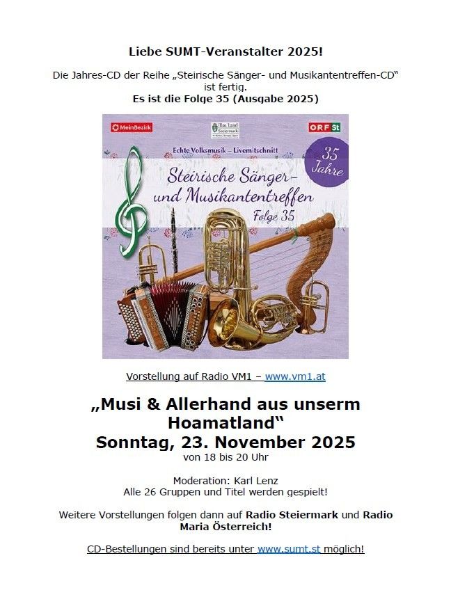 Plakat für den 35. Jahrestag der Steirischen Sänger- und Musikertreffen. Es zeigt einen Musiknotenschlüssel und verschiedene Instrumente. Die Veranstaltung findet am 23. November 2025 statt.