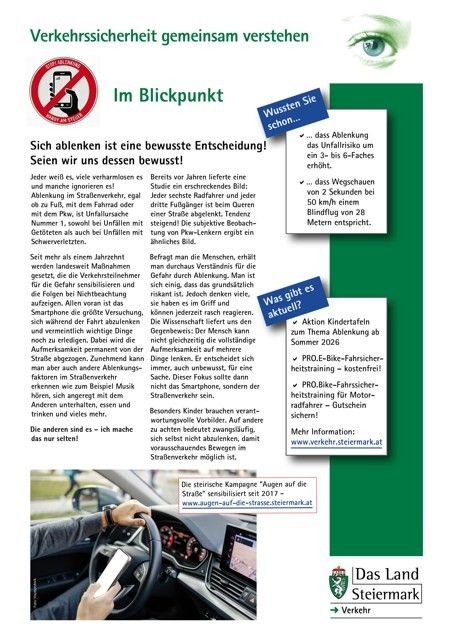 The image features a campaign against distracted driving. It highlights the risks of using a smartphone while driving and provides statistics on the dangers of distractions. It also mentions upcoming events related to road safety.