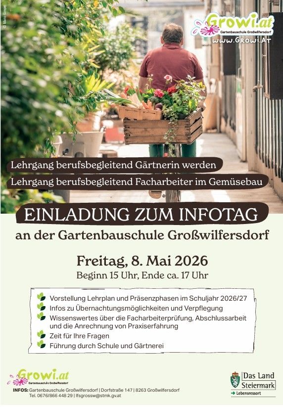 A flyer for an information day at a garden school. It features a person carrying a basket of flowers, with details about the event's date, time, and activities.
