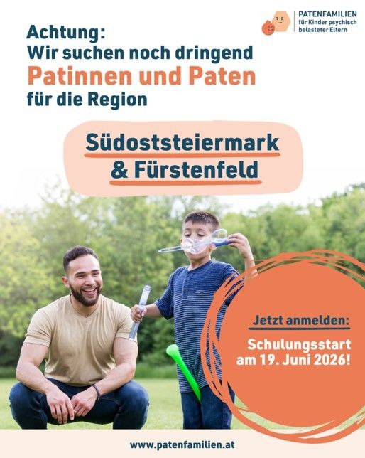 The image shows an outdoor scene with a father and son. The son is blowing bubbles with a bubble maker. The text is a recruitment announcement for parents in a specific region.
