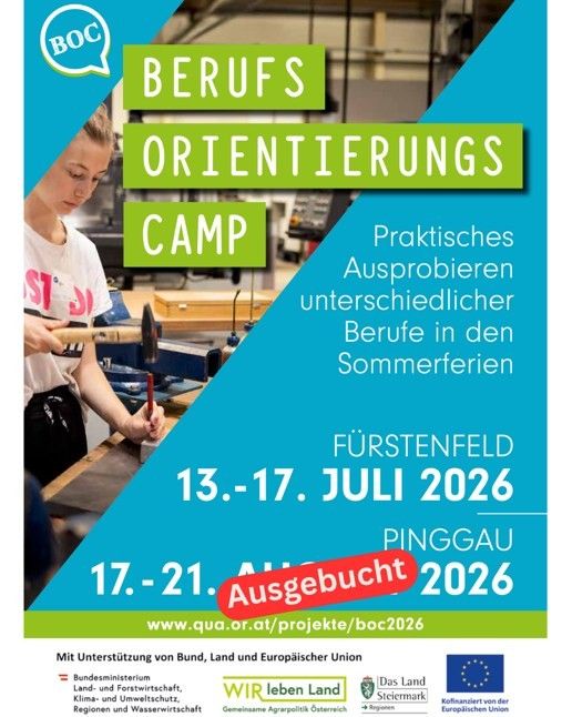 Advertisement for a vocational orientation camp in Pinggau. Dates are July 13-17 and July 17-21, 2026. Website link provided. Supported by Bund, Land, and European Union. Logo of Wir leben Land.