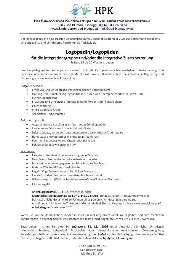 Ein Kindergarten in Bad Blumau sucht eine engagierte Person für die Integrationsgruppe und/oder die Integrationsunterstützung. Bewerbungsschluss ist 15. Mai 2026. Aufgaben umfassen die Planung, Durchführung und Evaluierung der sprachlichen Förderung. Anforderungen sind ein abgeschlossenes Studium und Erfahrung mit Kindern. Vorteile sind flexible Arbeitszeiten und ein unterstützendes Team.