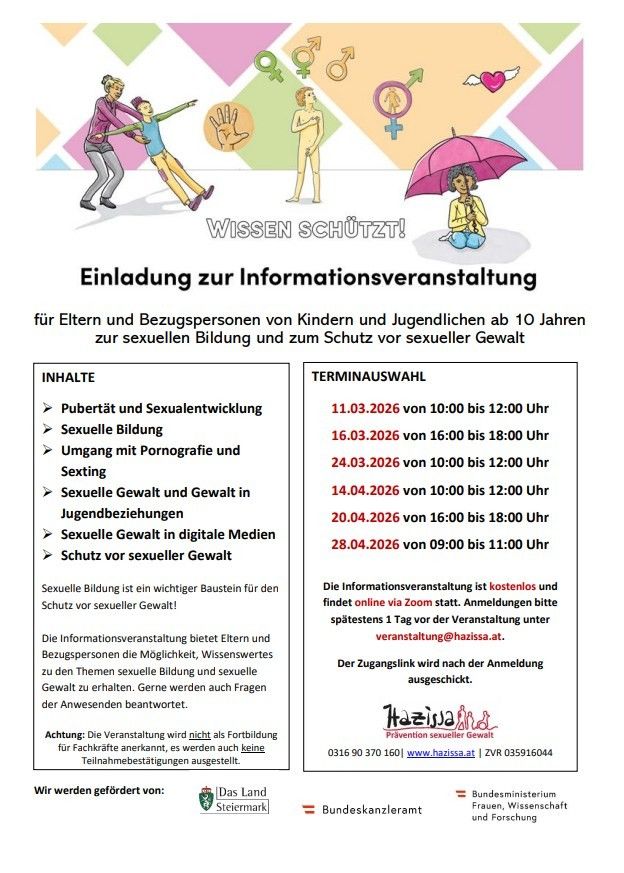 Plakat mit Einladung zu einer kostenlosen Informationsveranstaltung für Eltern und Bezugspersonen von Kindern und Jugendlichen ab 10 Jahren. Die Veranstaltung behandelt Themen wie Pubertät, sexuelle Entwicklung, sexuelle Bildung, Pornografie, Sexting, sexuelle Gewalt und Sicherheit im Internet. Termine und Zeiten für die Online-Teilnahme sind angegeben.