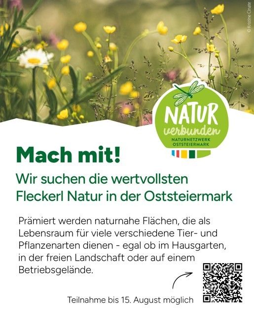 A poster with a field of flowers and a green logo that says 'NATUR verbunden'. It encourages participation in a nature project in Upper Styria. The poster features a QR code and a participation deadline.