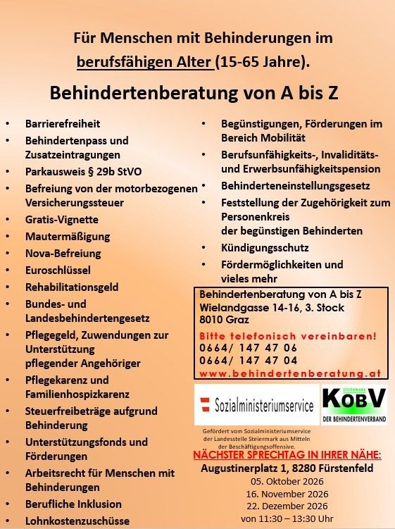 A poster advertising disability consultation services for individuals aged 15-65, offering a range of services from barrier-free access to disability insurance and pension benefits. It includes contact information and upcoming consultation dates.