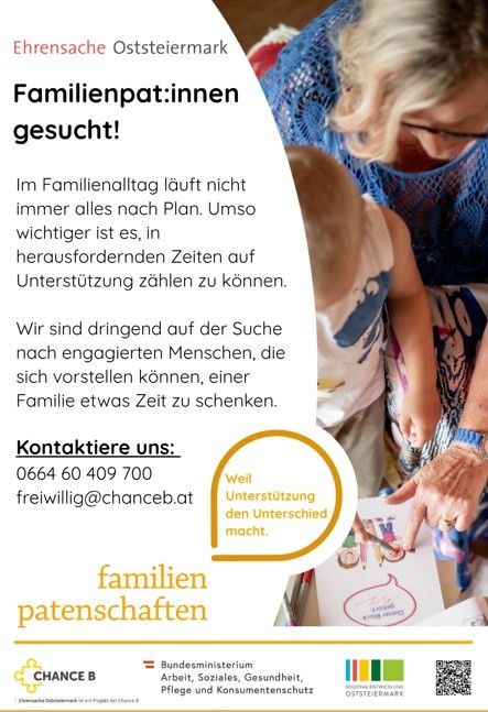 Ein Werbeplakat mit einer Frau und einem Kind. Die Frau hält ein Papier mit einer Zeichnung darauf in der Hand, und das Kind schaut darauf. Das Plakat enthält Text auf Deutsch, der sich mit 'Familienpatent: innerhalb besucht!' übersetzt. Es enthält auch eine Telefonnummer und eine E-Mail-Adresse. Das Plakat ist darauf ausgelegt, Menschen zu ermutigen, sich freiwillig zu melden und Familien in Not zu unterstützen.