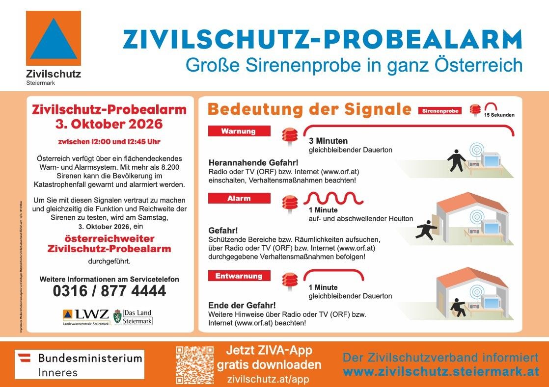 Plakat für einen Zivilschutzalarmtest im Oktober 2026. Es enthält Anweisungen zu verschiedenen Signalbedeutungen und zu ergreifenden Maßnahmen. Das Plakat bietet auch eine Kontaktnummer und Website für weitere Informationen.