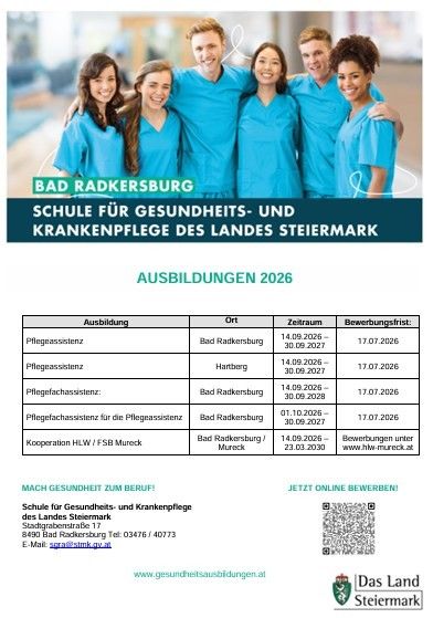 Plakat für die Gesundheits- und Krankenpflegeschule Bad Radkersburg in der Steiermark. Angebote für 2026 inklusive Termine und Orte. Bewerbungsaufruf. Online-Bewerbung möglich. QR-Code und Website-Link.