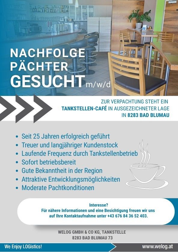 Ein Café mit Tankstelle steht zur Miete in Bad Blumau, Österreich, zur Verfügung. Es wird seit 25 Jahren erfolgreich betrieben. Es hat treue und langjährige Kunden. Das Café ist sofort betriebsbereit.