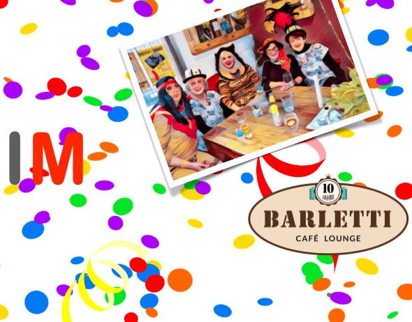 Plakat für die Fasching Auskehr-Veranstaltung im Barletti Cafe Lounge am 17. Februar 2026, Beginn um 17 Uhr. Zeigt ein Foto von Personen an einem Tisch mit Getränken. Bunte Konfetti zieren den Hintergrund.
