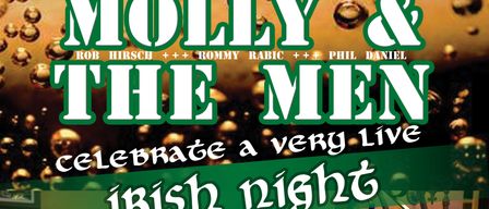 Ein Plakat für The Men, die eine Live-Irish-Night im Barletti feiern, mit drei Musikern, die Gitarre und Geige spielen, mit einem Foto-Credit an Goktu Alsay.