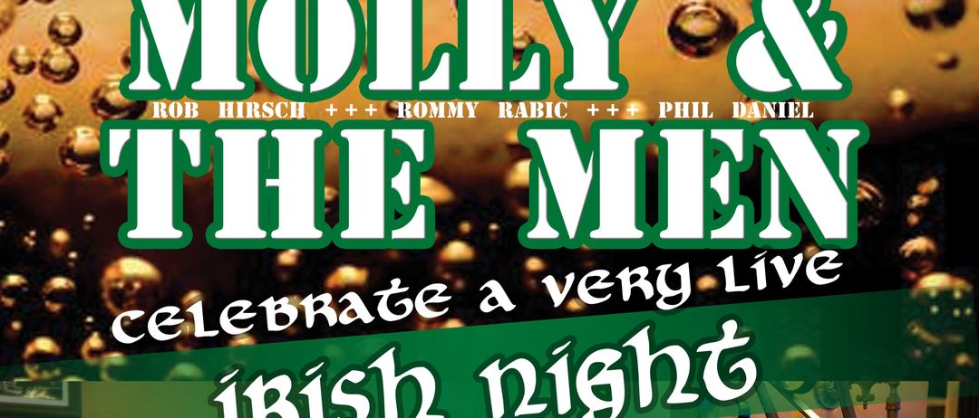 Ein Plakat für The Men, die eine Live-Irish-Night im Barletti feiern, mit drei Musikern, die Gitarre und Geige spielen, mit einem Foto-Credit an Goktu Alsay.