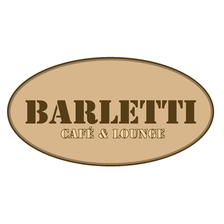 Das Logo für Barletti Café & Lounge zeigt den Namen in fetten, großgeschriebenen Buchstaben mit einer dekorativen ovalen Form, vor einem hellbraunen Hintergrund.