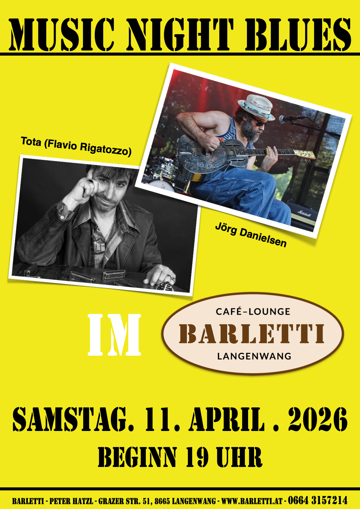 Ein Werbeplakat für eine Aufführung im Café-Lounge Barletti Langenwang mit Tota und Jörg Danielsen am 1. April 2026.