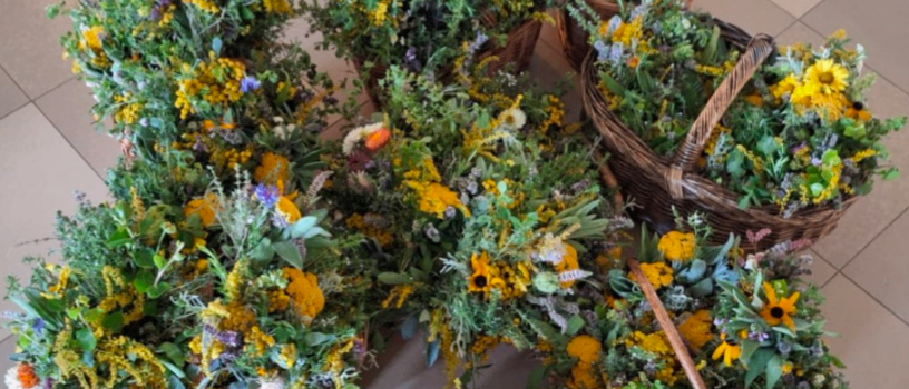 Mehrere Korbweidenkörbe mit einer Mischung aus gelben und grünen Blumen sind auf einem gefliesten Boden angeordnet.