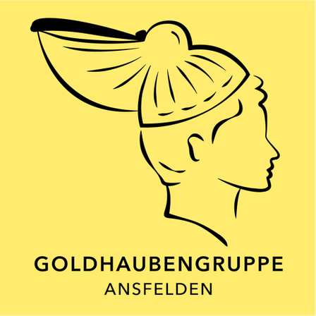 Ein gelber Hintergrund zeigt eine stilisierte Illustration eines Kopfes im Profil mit einer Haube. Unten auf der Illustration steht 'GOLDHAUBEN GRUPPE ANSFELDERN'.