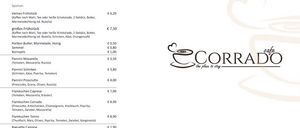 Menü mit verschiedenen Artikeln wie heiße Schokolade mit Schlagsahne und Optionen wie Mandeln, Honig und Toppings. Die Preise reichen von €6,20 bis €8,90. Kontaktdaten und Öffnungszeiten sind angegeben.