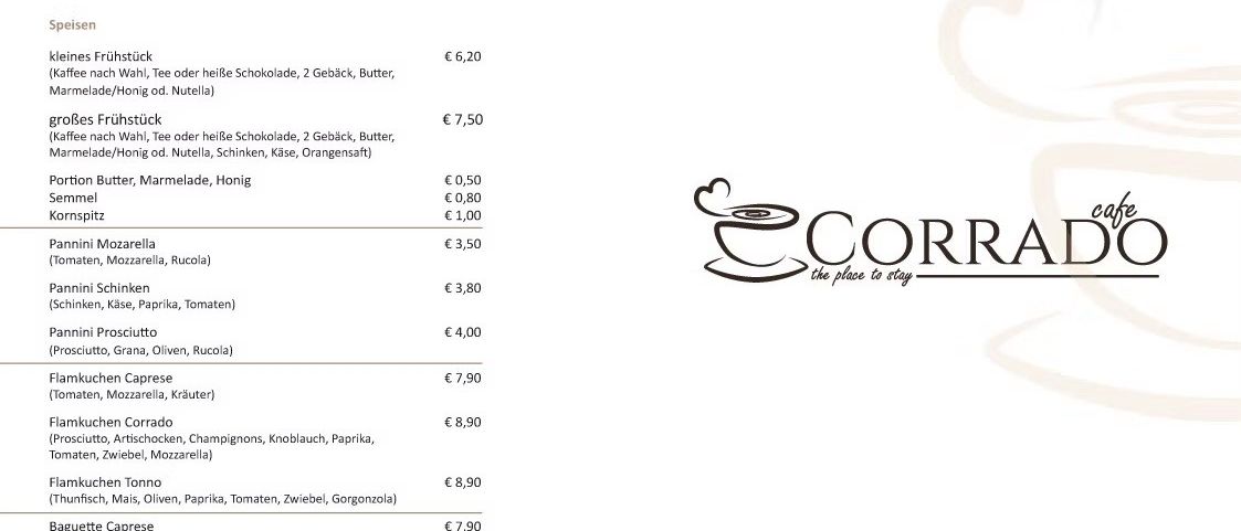 Menü mit verschiedenen Artikeln wie heiße Schokolade mit Schlagsahne und Optionen wie Mandeln, Honig und Toppings. Die Preise reichen von €6,20 bis €8,90. Kontaktdaten und Öffnungszeiten sind angegeben.