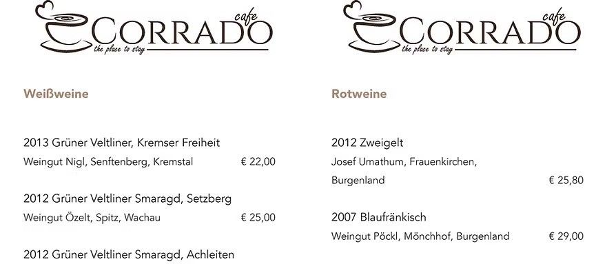 Eine Tabelle mit verschiedenen Weinen, einschließlich ihrer Jahrgänge, Produzenten und Preise. Die Weine stammen aus Österreich, Italien und Deutschland, darunter Grüner Veltliner, Blaufränkisch und Riesling. Jeder Eintrag gibt den Weinberg, das Weingut und die Region an.