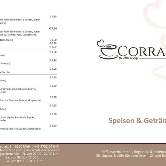 Das Menü bietet heiße Schokolade mit Nüssen und Orange, Tomaten und mehr. Die Preise reichen von 6,20 bis 8,90. Öffnungszeiten: 07:00-22:00. Kontakt: +43 2752 54 349. Adresse: Melk, Platz 9, 3390.