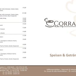 Das Menü bietet heiße Schokolade mit Nüssen und Orange, Tomaten und mehr. Die Preise reichen von 6,20 bis 8,90. Öffnungszeiten: 07:00-22:00. Kontakt: +43 2752 54 349. Adresse: Melk, Platz 9, 3390.