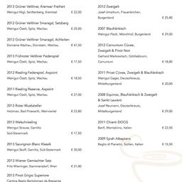 Das Bild zeigt eine Tabelle mit verschiedenen Weinen, deren Jahrgänge, Herkunftsorte und Preise. Die Weine stammen aus Regionen wie Wachau, Burgenland und Steiermark. Bemerkenswerte Einträge sind Grüner Veltliner von Kremser und 2007 Blaufränkisch von Mönchhof. Die Preise reichen von €15,50 bis €47,50.