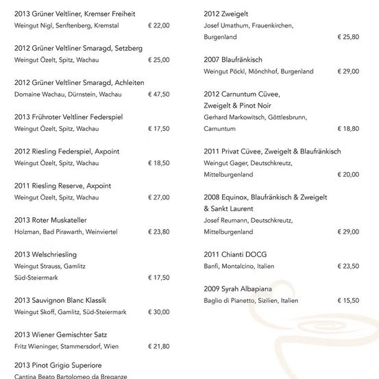Das Bild zeigt eine Tabelle mit verschiedenen Weinen, deren Jahrgänge, Herkunftsorte und Preise. Die Weine stammen aus Regionen wie Wachau, Burgenland und Steiermark. Bemerkenswerte Einträge sind Grüner Veltliner von Kremser und 2007 Blaufränkisch von Mönchhof. Die Preise reichen von €15,50 bis €47,50.