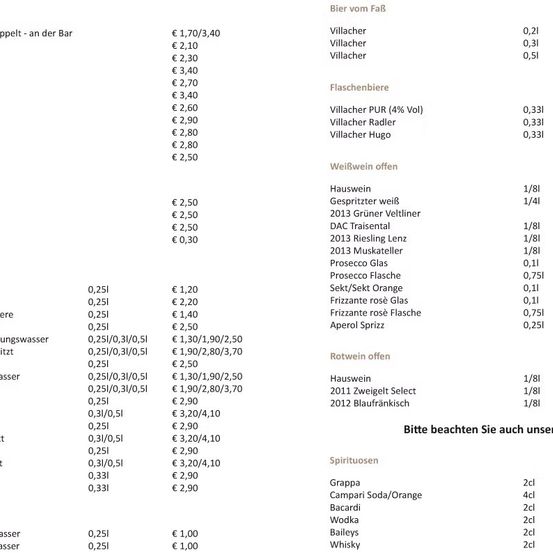 Das Bild zeigt eine Preisliste für verschiedene Getränke. Es enthält Kategorien für Bier, Wein und Spirituosen, mit Preisen für verschiedene Größen und Typen. Die Liste umfasst Marken wie Villacher und Prosecco sowie spezifische Weinangebote wie DAC Traisenal und Rotwein. Die Preise reichen von 0,25 bis 4,10 Euro.