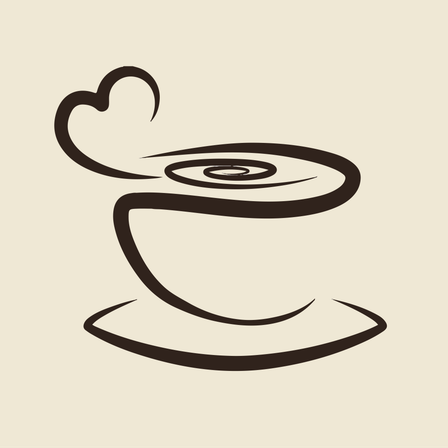 Eine stilisierte Schwarz-Weiß-Illustration einer Tasse mit aufsteigendem Dampf, der wie ein Herz geformt ist.