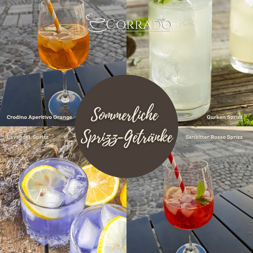 Eine Collage verschiedener Sommerdrinks in Gläsern, einschließlich Crodino Aperitivo Orange, Gurken Spritz, Sanbitter Rosso Spritz und Lavendel Spritz. Die Getränke sind mit Zitronen, Minze und Strohhalmen garniert.