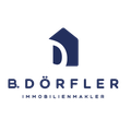 Ein blaues und weißes Logo mit den Buchstaben D auf schwarzem Hintergrund. Darunter steht der Text B. Dorfler Immobilienmakler.