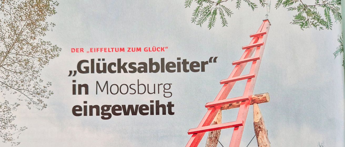 Eine rote Leiter, die an einem Baum mit dem Text 'Glucksableiter in Moosburg Eingeweiht' auf einem bewölkten Himmelshintergrund lehnt.