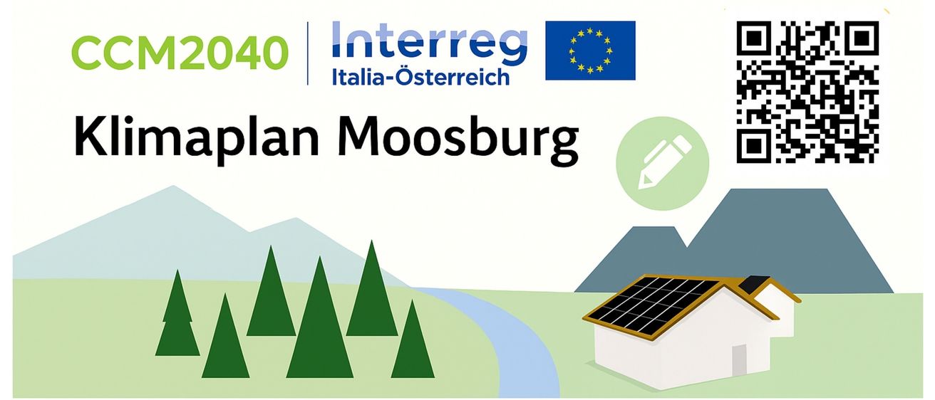 Das Bild zeigt ein Projekt namens 'Mosburg Plan', das von Interreg Italia-Osterreich gefördert wird. Das Projekt zeigt ein Haus mit Solarpaneelen vor einer Berg- und Flusslandschaft. Es sind Logos verschiedener Institutionen zu sehen, darunter 'Università degli Studi di Udine'.