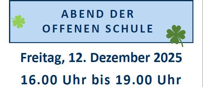 Plakat für die Offene Schule an der Mittelschule Moosburg am Freitag, 12. Dezember 2025 von 16:00 Uhr bis 19:00 Uhr. Zeigt Münzen, einen QR-Code und Aktivitäten wie digitale Sportarten und Experimente. Adresse und Telefonnummer angegeben.