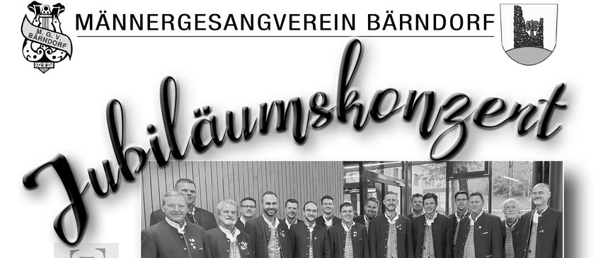 Ein Plakat für eine 75-Jahr-Feier des Männerchors Barndorf. Es zeigt ein Gruppenfoto der Chormitglieder, das Datum 24. Mai und die Zeit 20 Uhr. Die Veranstaltung findet am Campus Moosburg statt.