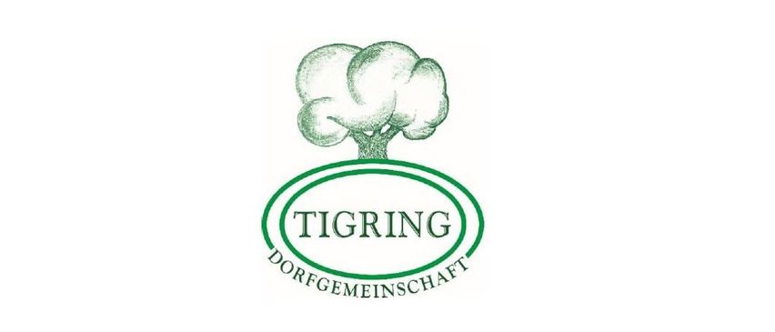 Das Logo der Dorfgemeinschaft Tigring, das einen stilisierten Baum mit zwei Ästen und einem grünen Oval zeigt.
