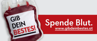 Flyer für Blutspende-Veranstaltung. Rotes Kreuz Österreich. Dienstag, 16. September 2025, von 15:30 bis 20:00 Uhr an der Volksschule Moosburg, Pestalozzistraße 4. Bitte bringen Sie einen gültigen amtlichen Lichtbildausweis zur Blutspende mit.