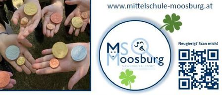 Ein offenes Schulereignis am Freitag, 12. Dezember 2025, von 16:00 Uhr bis 19:00 Uhr. Es werden Menschen mit Münzen und einem QR-Code gezeigt. Kontakt: 04272/83074, www.mittelschule-moosburg.at. Hashtags: #MSMoosburg #DigitalSport #Nawi.